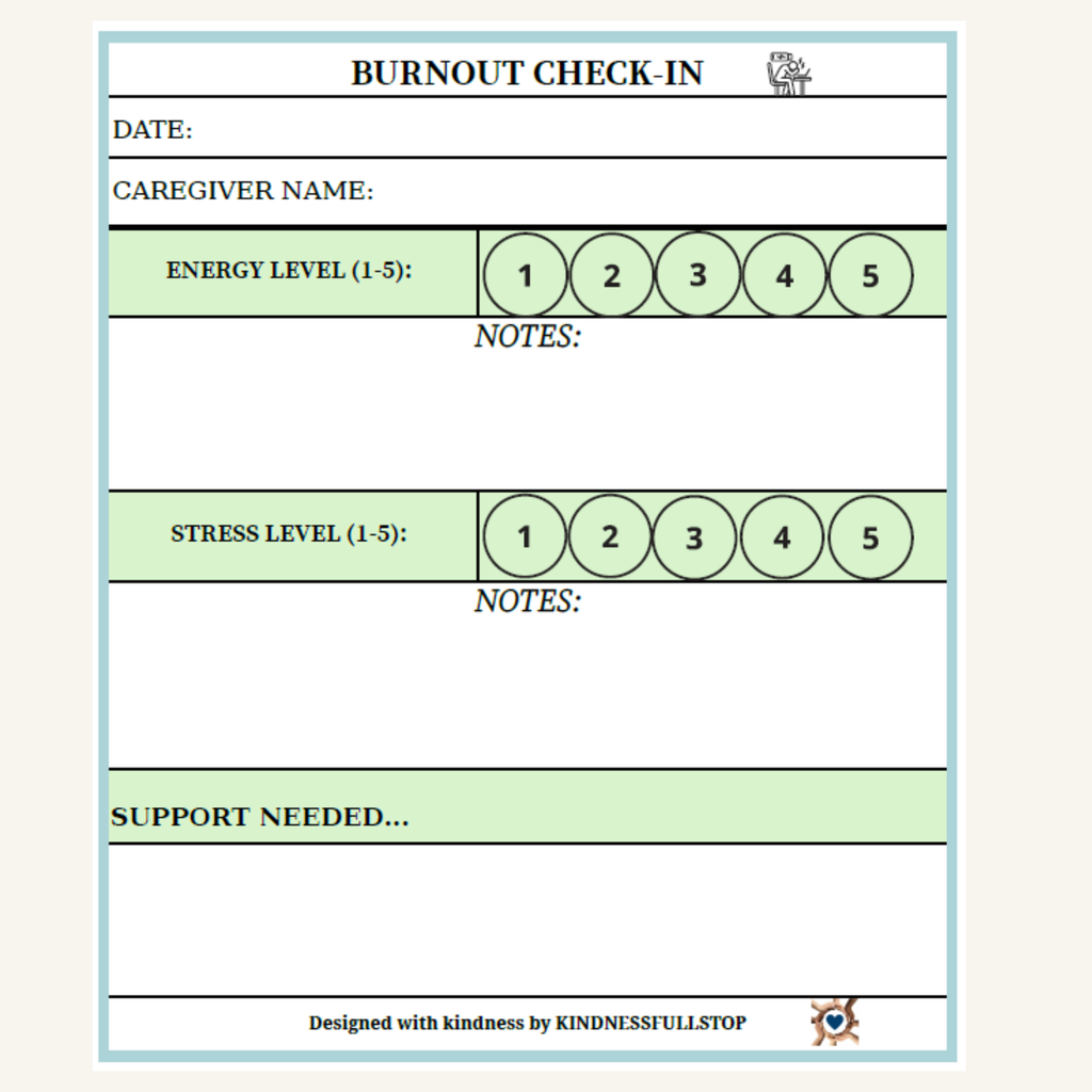 Caregiver Burnout Check-In Printable | Stress & Wellness Tracker