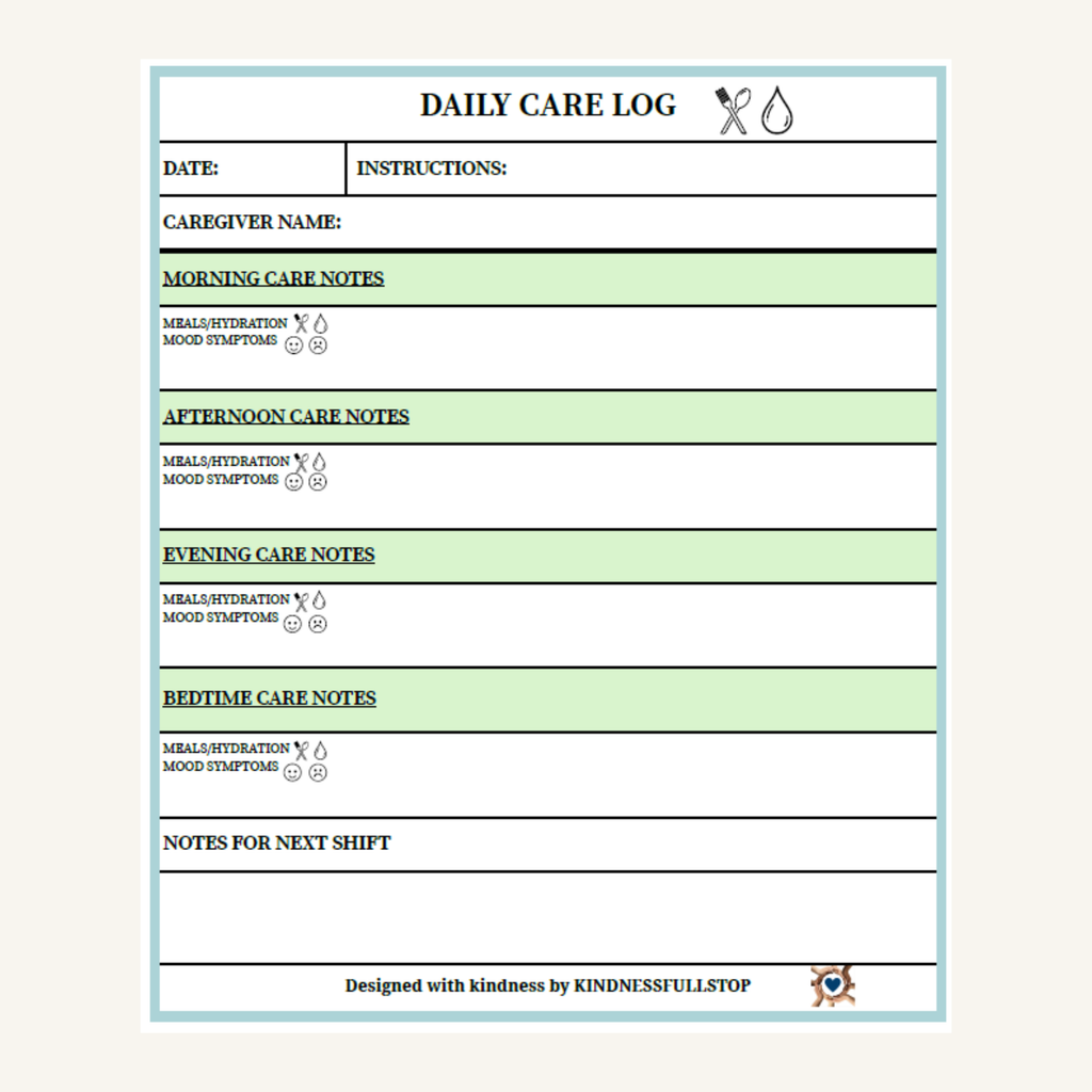 Daily Care Log Printable | Caregiver Daily Care Tracker