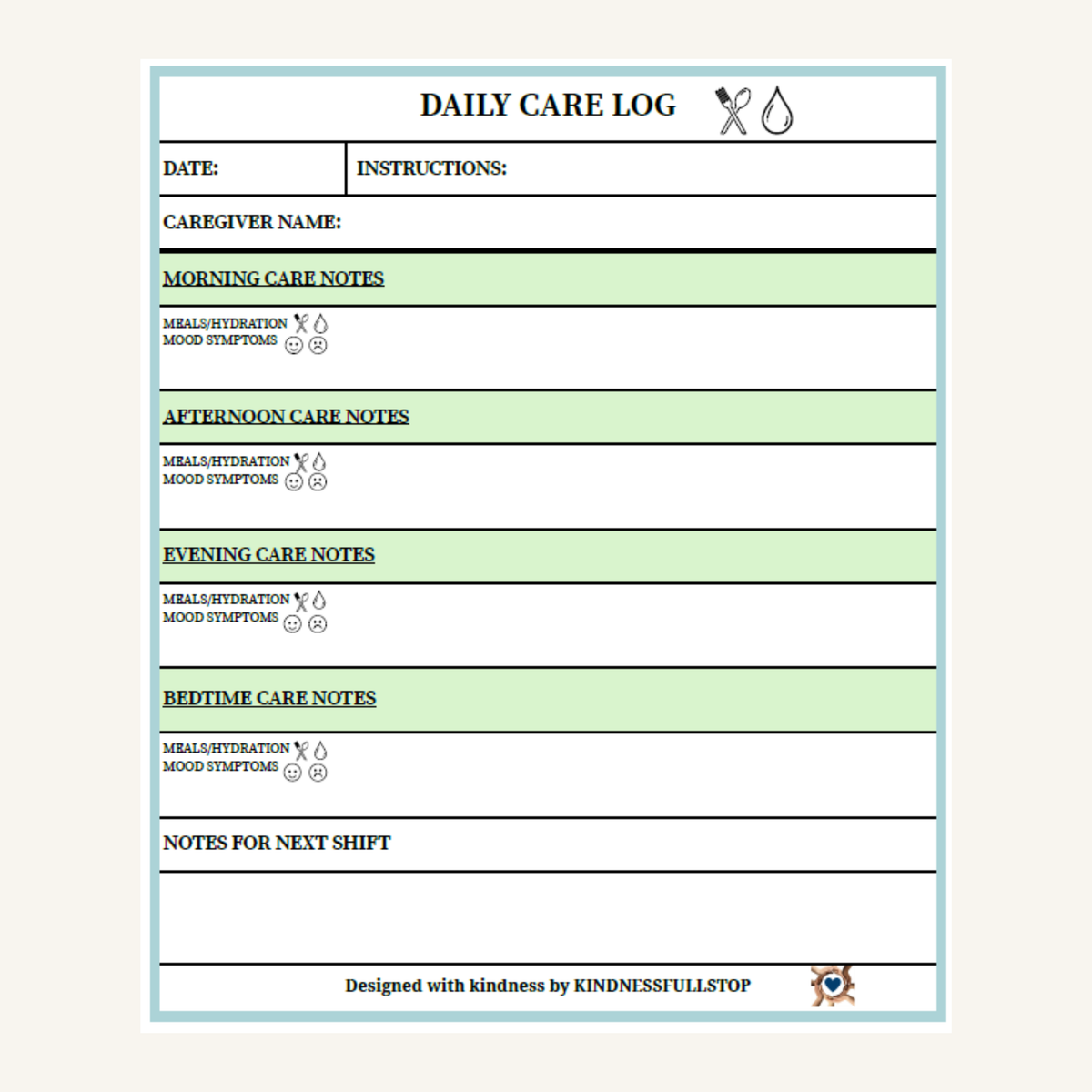 Daily Care Log Printable | Caregiver Daily Care Tracker