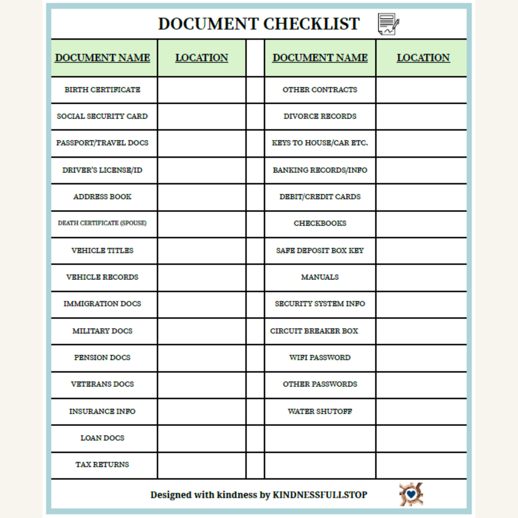Caregiver Document Checklist Printable | Important Documents Organizer