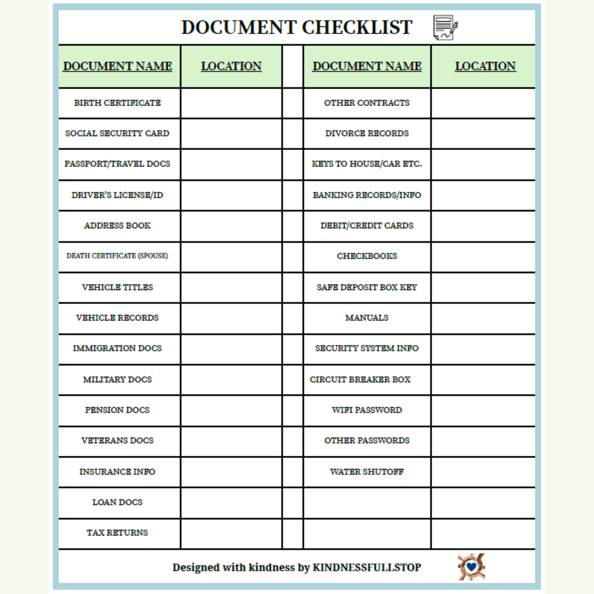 Caregiver Document Checklist Printable | Important Documents Organizer