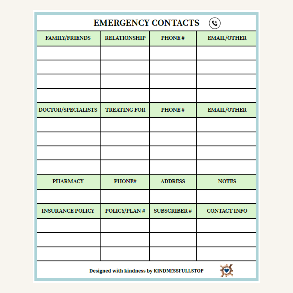 Emergency Contacts Printable | Caregiver Info Sheet, Medical List
