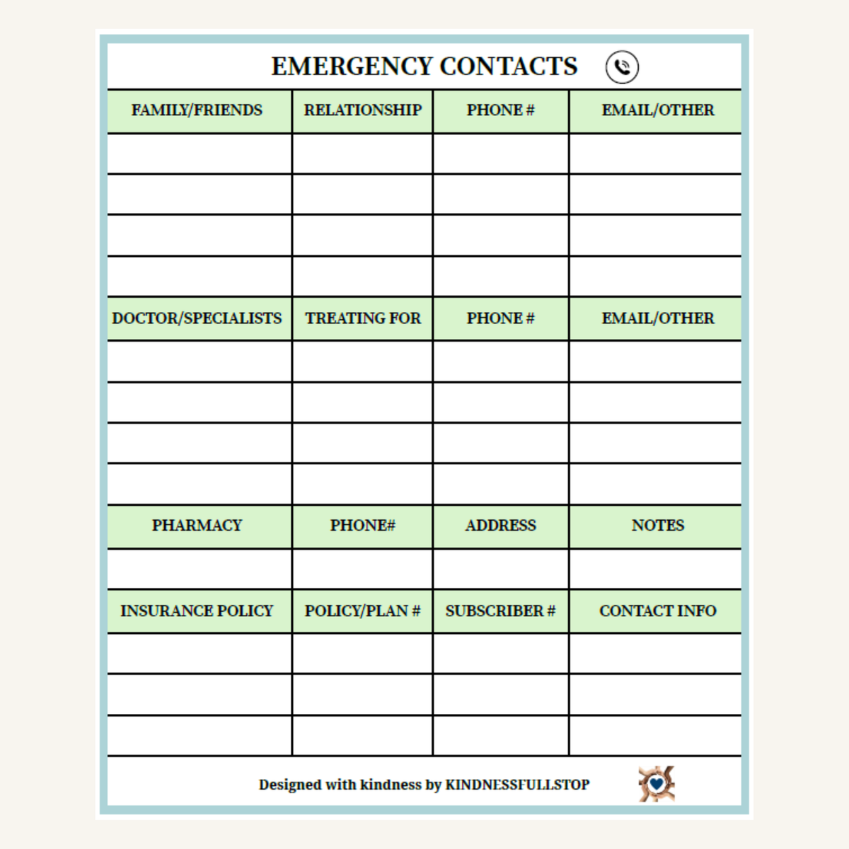 Emergency Contacts Printable | Caregiver Info Sheet, Medical List
