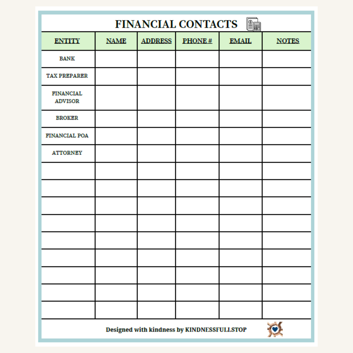 Financial Contacts Log | Banking, Advisor & Tax Contacts