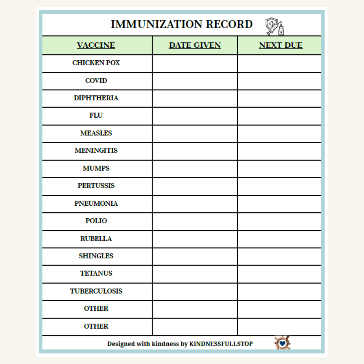 Immunization Record Printable | Vaccine & Vaccination History Tracker