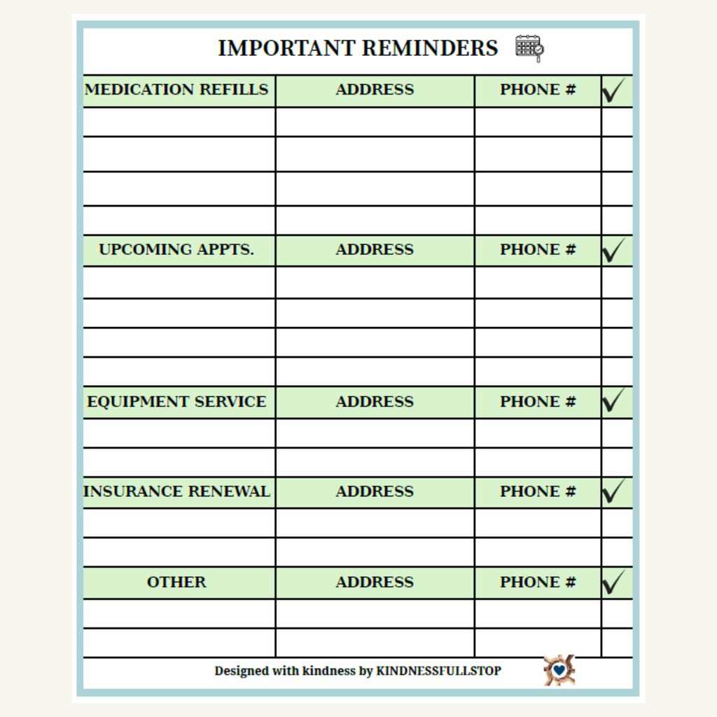 Important Reminders | Caregiver To-Do & Task List