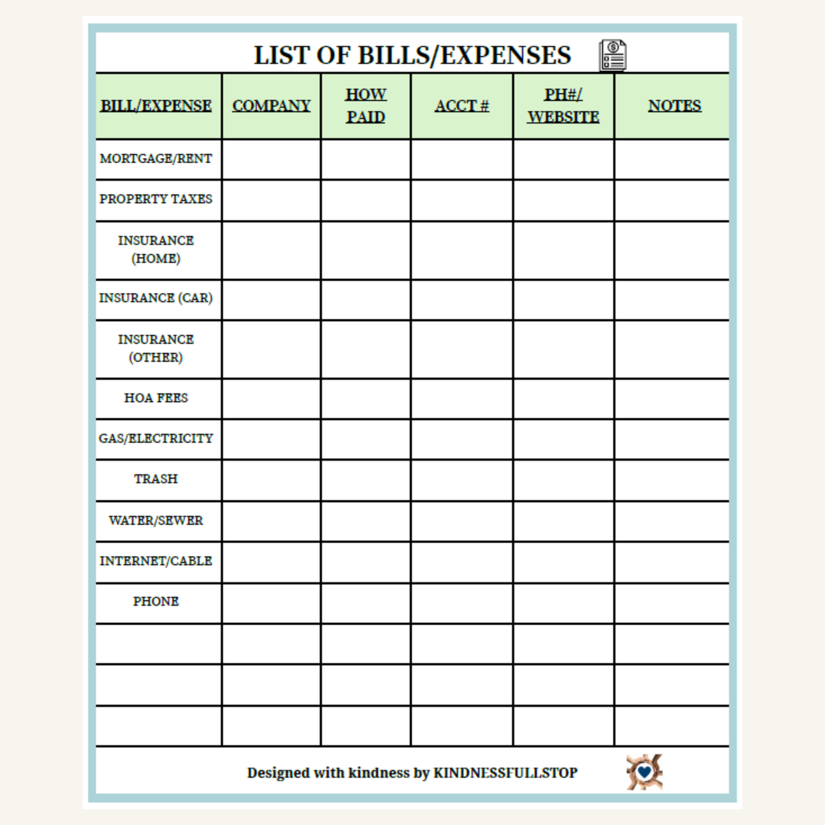 Bills & Expenses Tracker | Monthly Expense & Payment Log