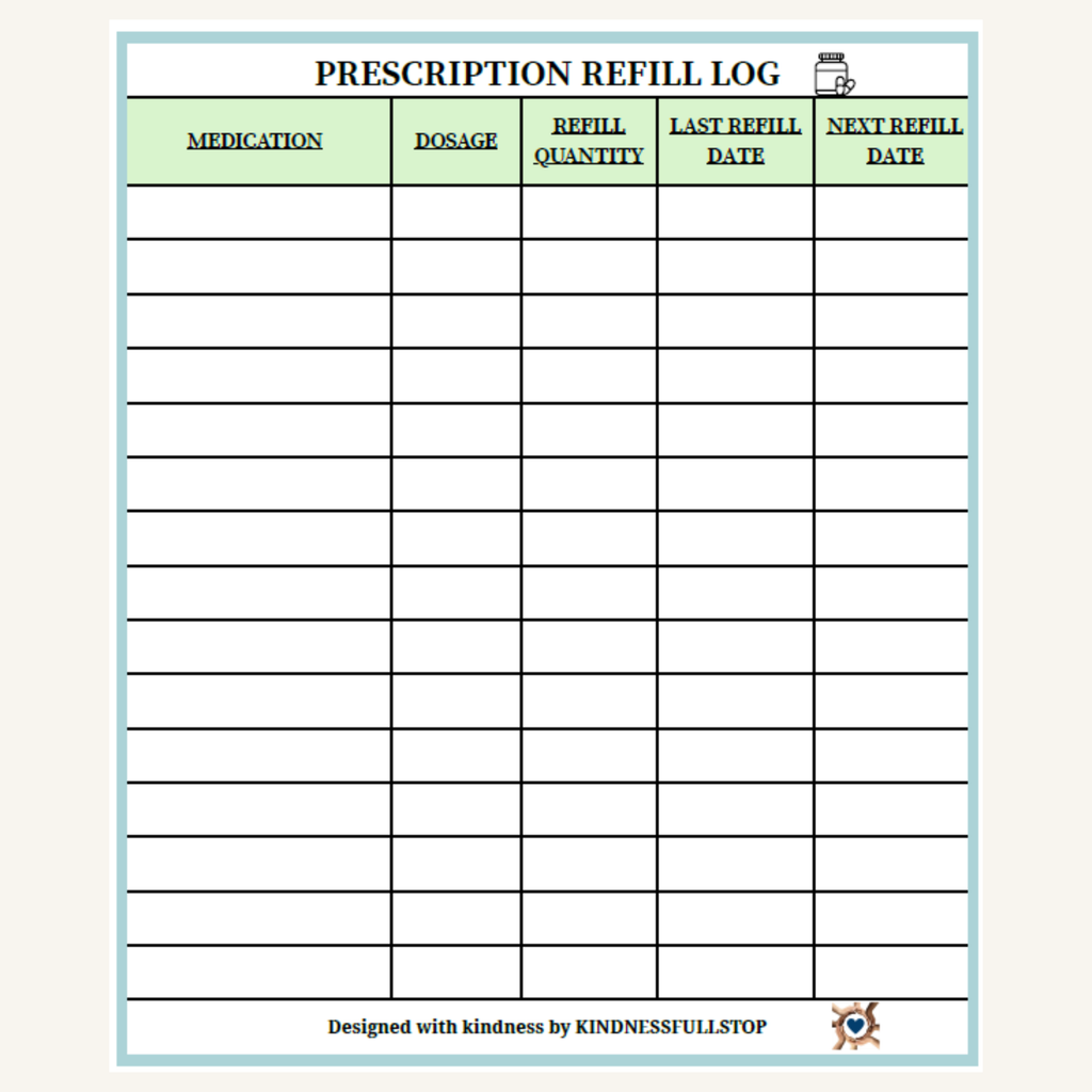 Prescription Refill Log Printable | Medication Refill Tracker
