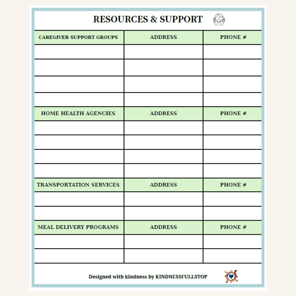 Caregiver Resources & Support Organizer | Support Contacts Printable