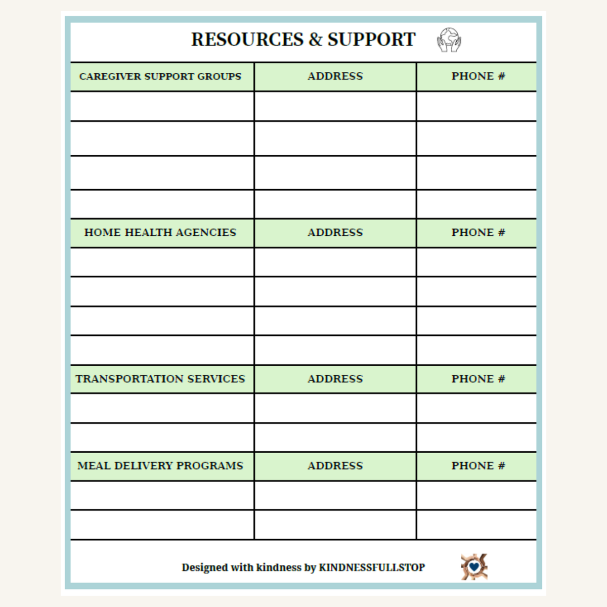 Caregiver Resources & Support Organizer | Support Contacts Printable