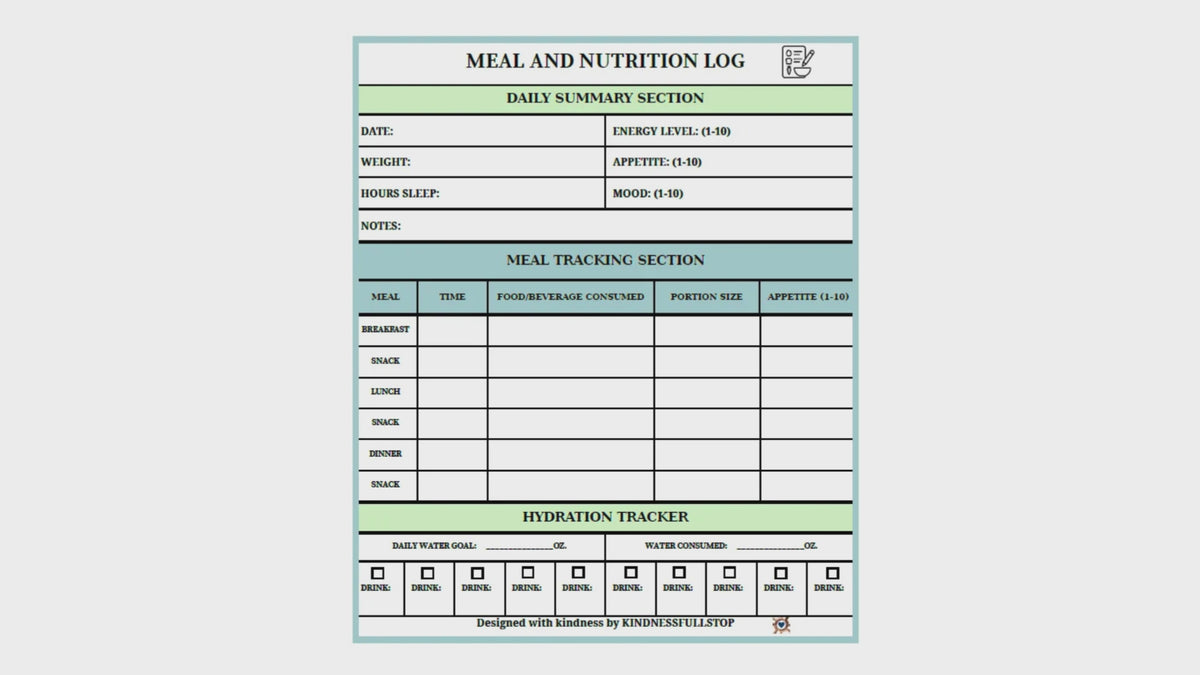 Daily Meal & Nutrition Log | Food, Hydration & Appetite Tracker
